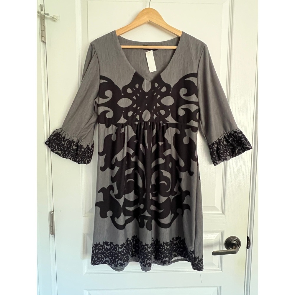 Reborn Y2K Tunic Mini Dress Womens XL Gray Black Ruffle Sleeve Whimsigoth Flowy